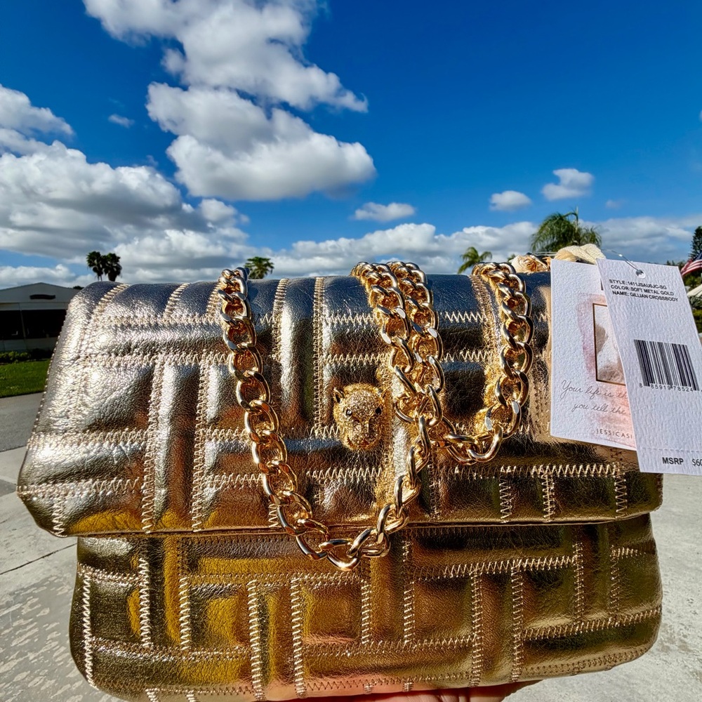 JESSICA SIMPSON Gillian Gold Quilted Shoulder/Crossbody Chain Bag In Gold - Picture 11 of 14